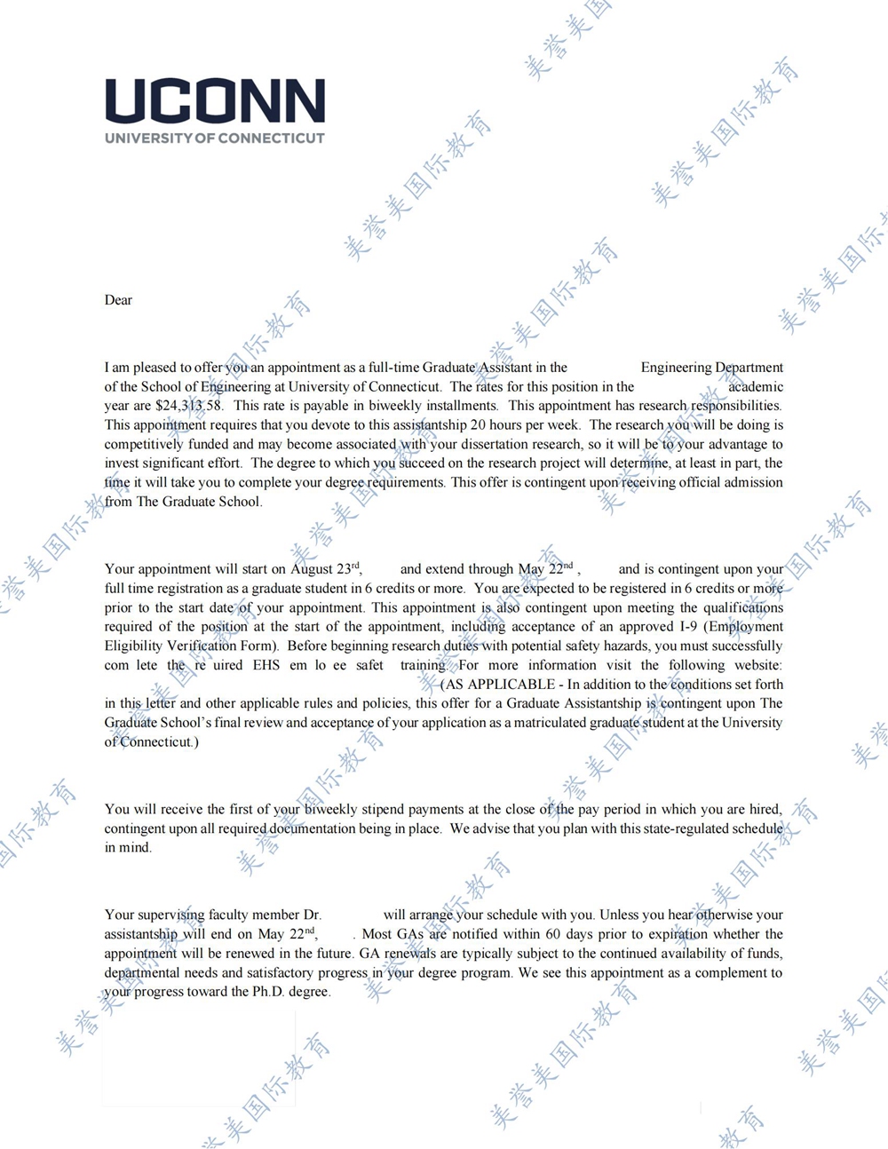 博士康涅狄格全奖Offer letter Dongru Xie带奖